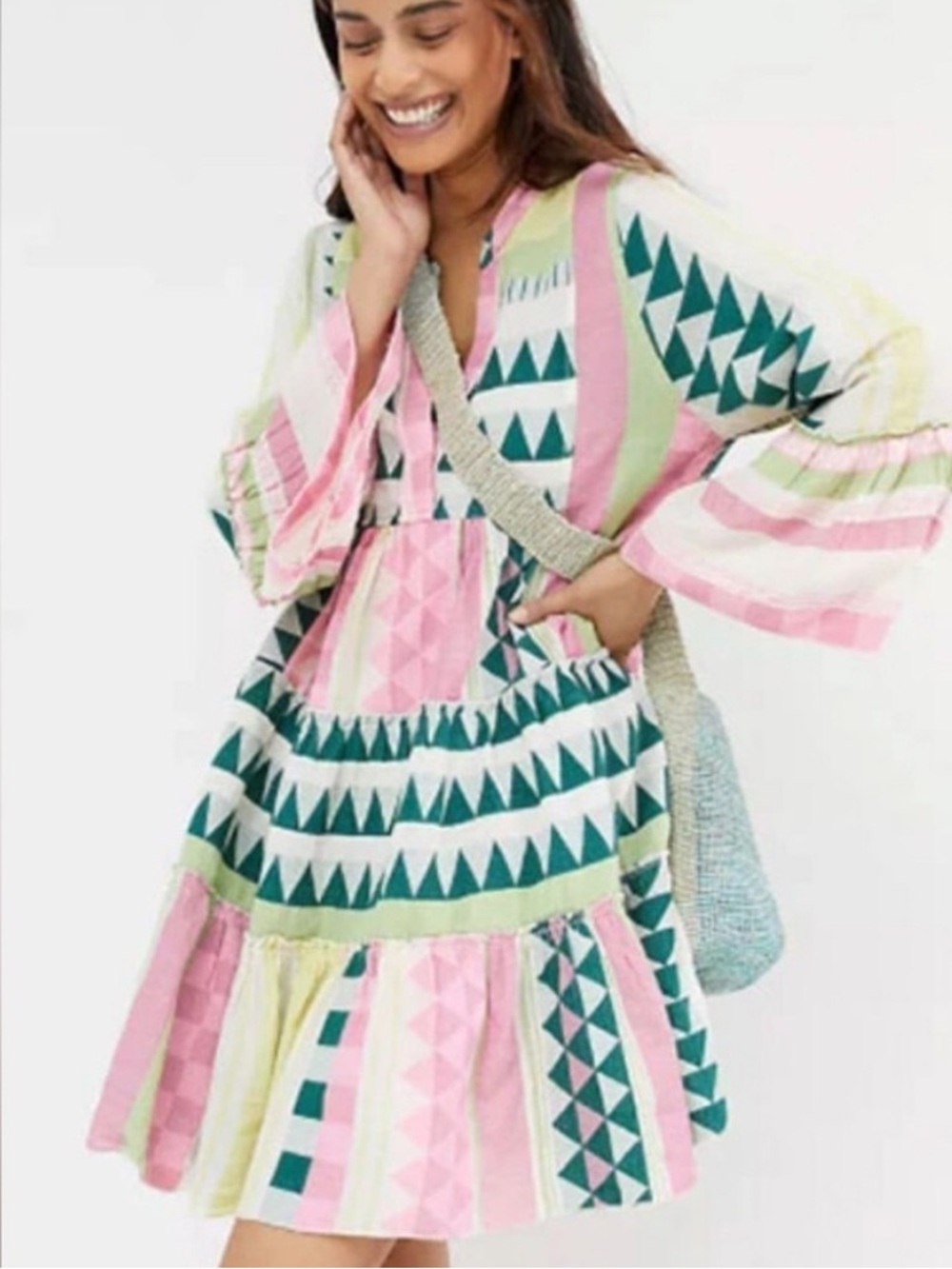 Devotion Twins Geometric Cotton Mini Dress XS Pink Green Boho Tiered 8968